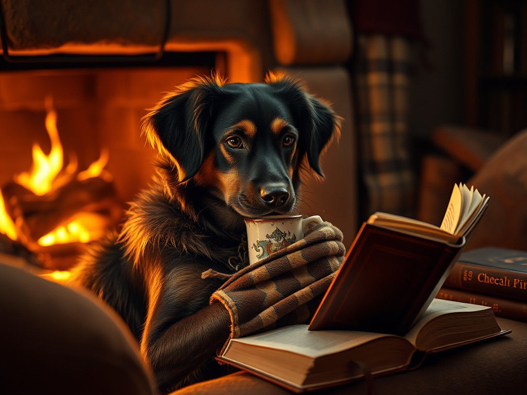 Dog Reading by Fireplace in Cinematic Style