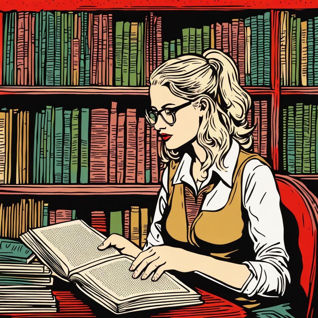 Festive Librarian Offers Reading Tips in Linoprint Style