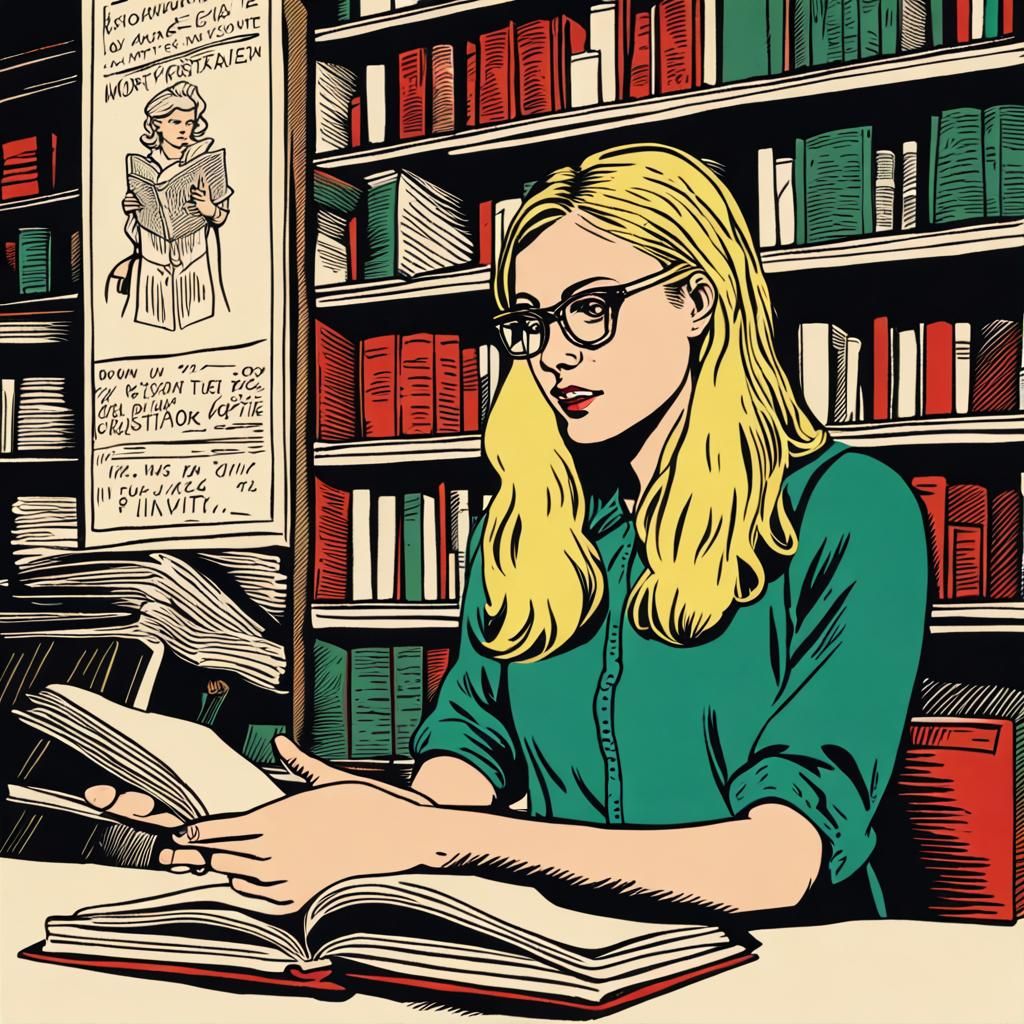 Blonde Librarian Offers Reading Tips: Linocut Style