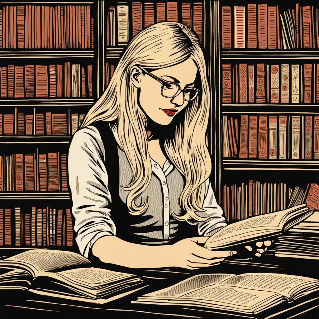 Blonde Librarian Offers Reading Tips in Lino Print