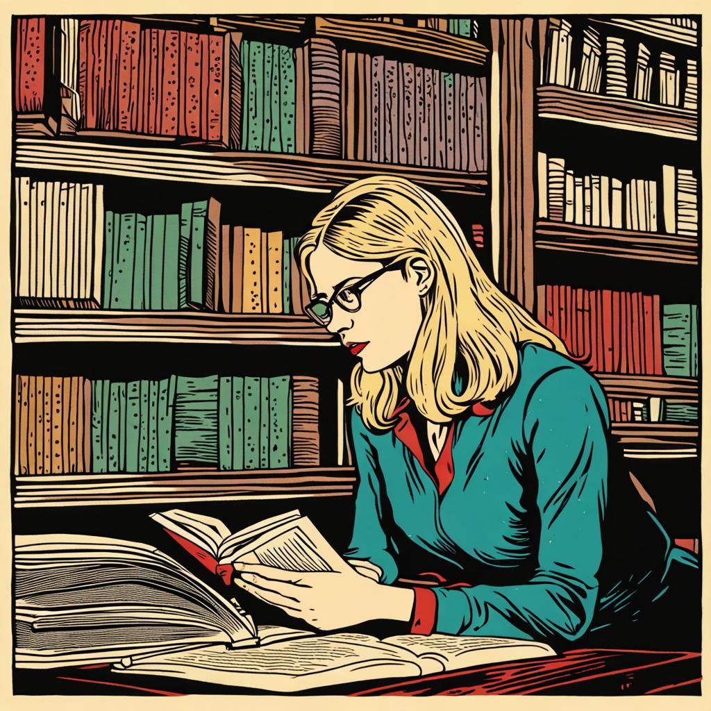Blonde Librarian Offers Reading Tips in Lino Print Style