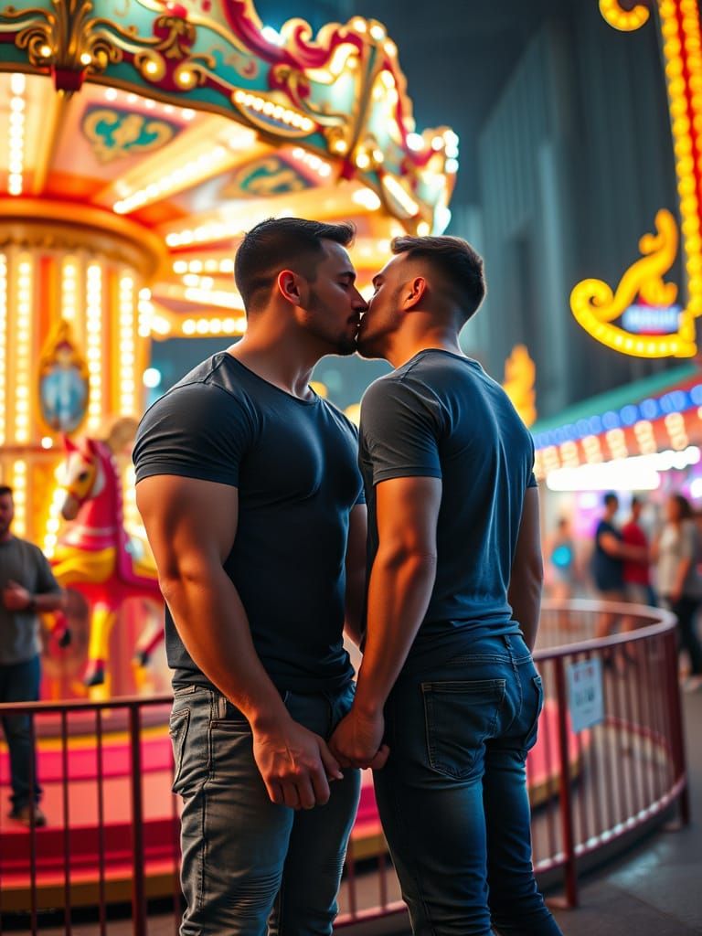 Men Share Tender Moment at Vibrant Carnival