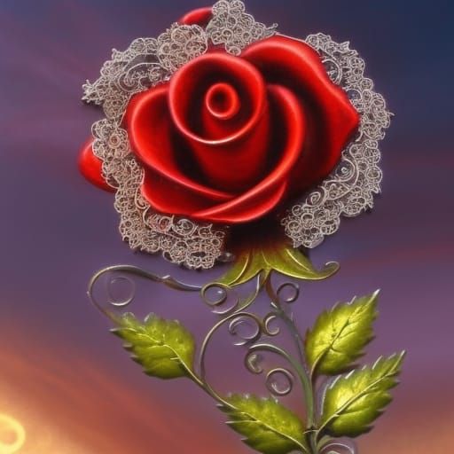 Detailed Metal Rose with Red Lace Filigree