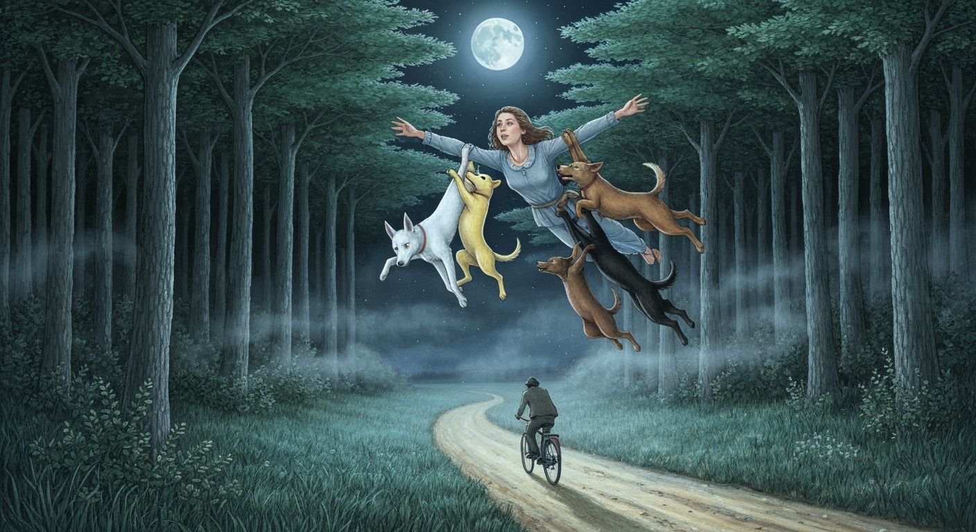 Woman Flies Through Night Forest Lifted by Dogs, Fairy Tale ...