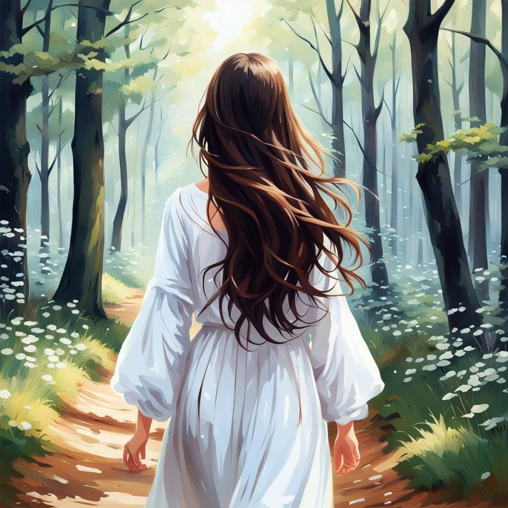 Beautiful Woman in Forest, Impressionistic Anime Painting