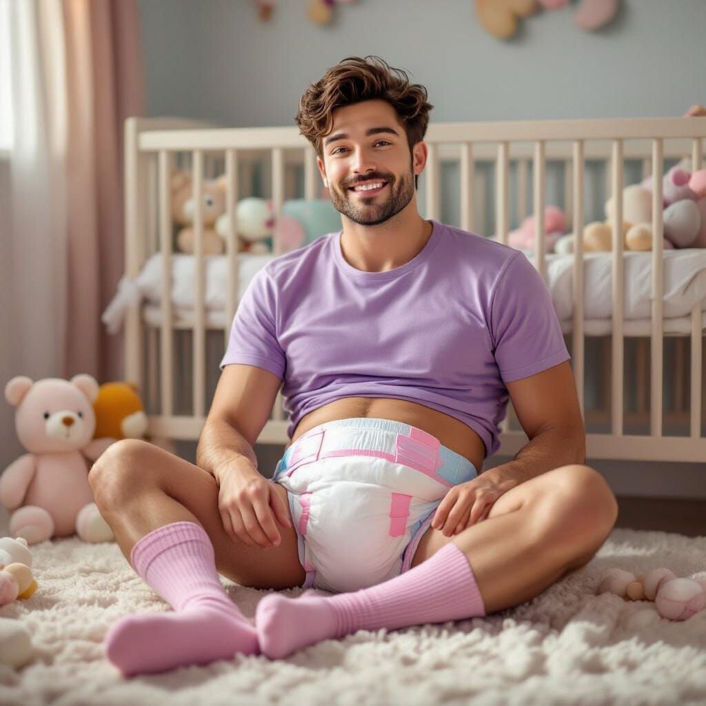 Man in Diaper on Nursery Floor, Digital Art