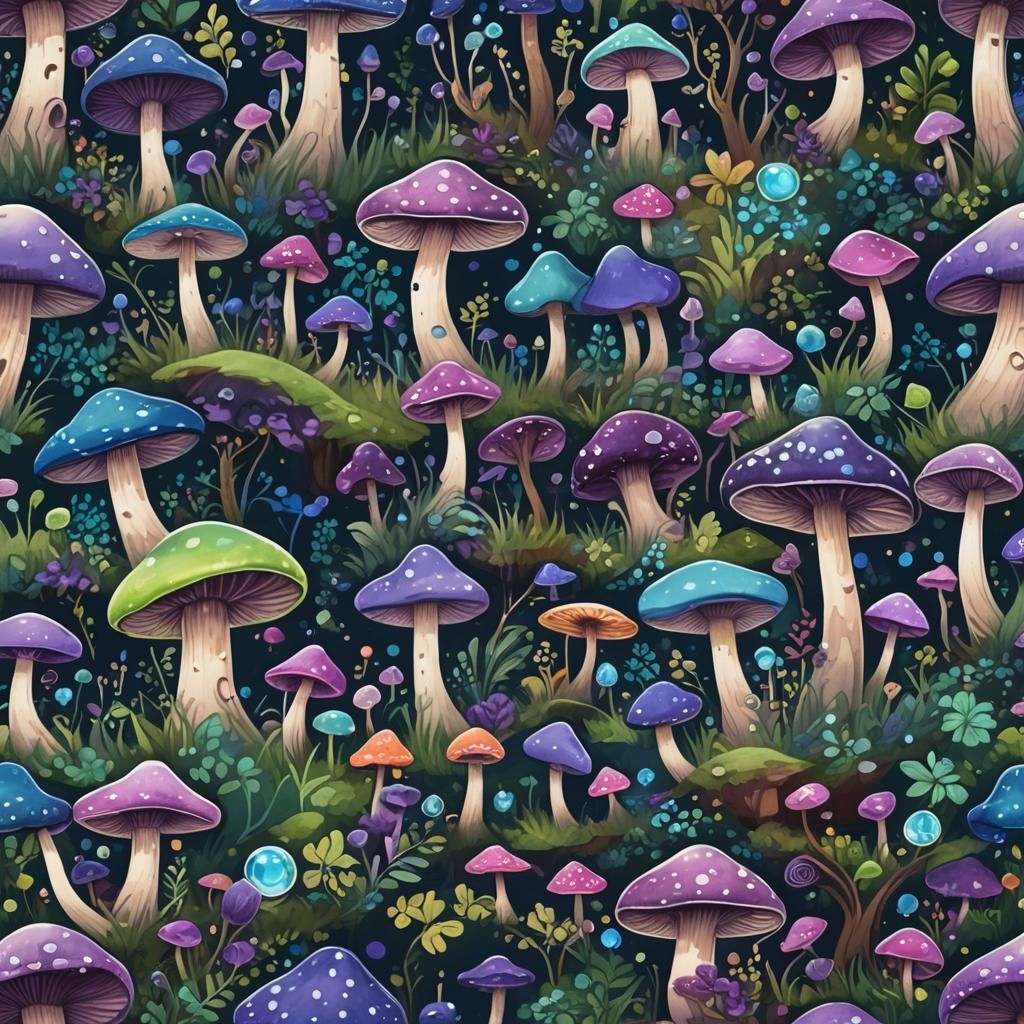 Enchanted Gem-Filled Mushroom Forest Under Swirling Sky
