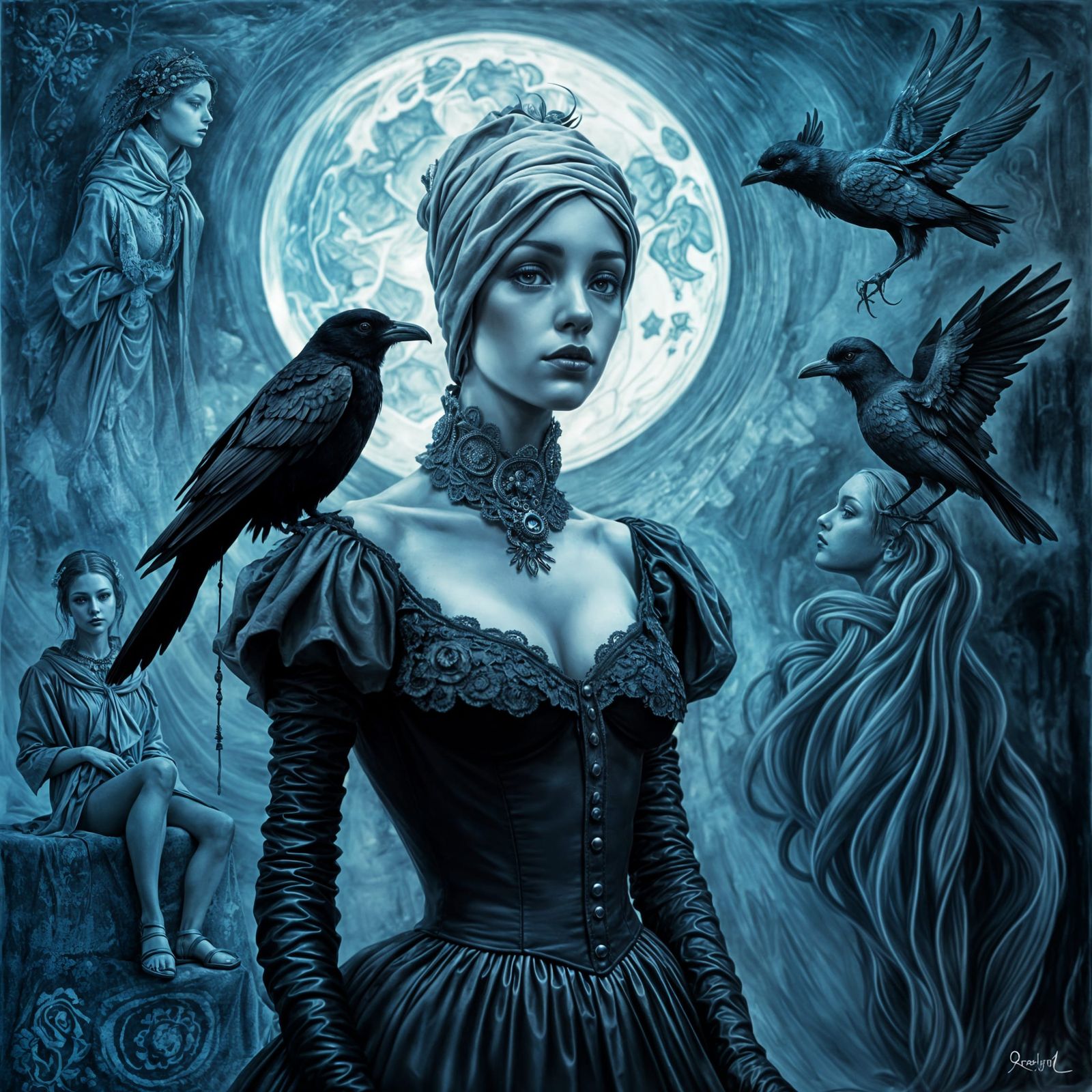 Surreal Mannequin and Raven Charcoal Drawing