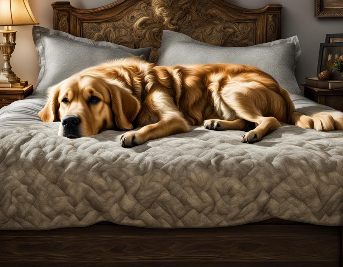 Boy and Golden Retriever Sleeping in Bed
