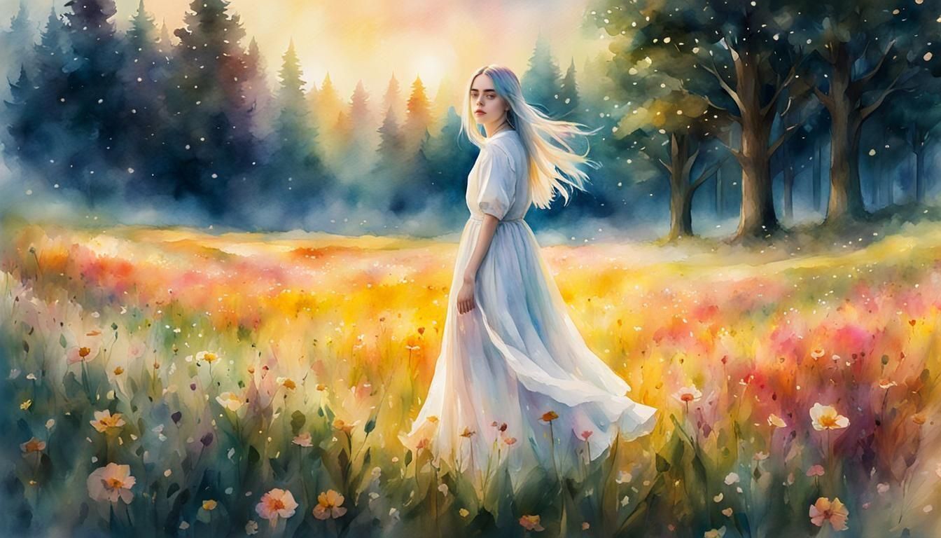 Watercolor Billie Eilish in Lush Meadow Landscape