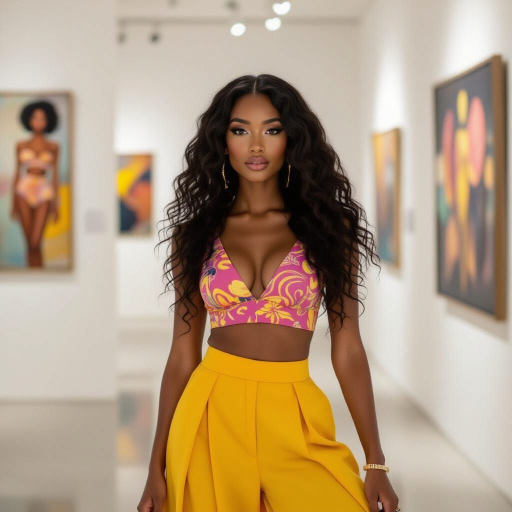Modern Art Fashion: Black Woman in Pink & Yellow Outfit