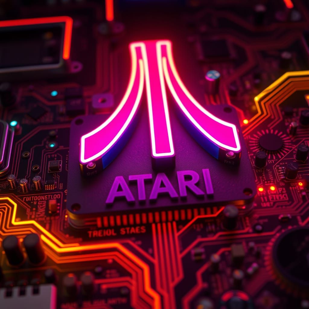 Retro-Futuristic Atari Logo in Neon Tubes and Vintage Circui...