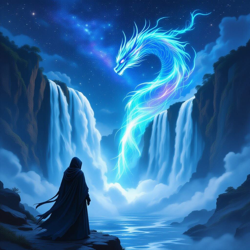 Aurora Dragon Rising from Waterfall, Digital Art
