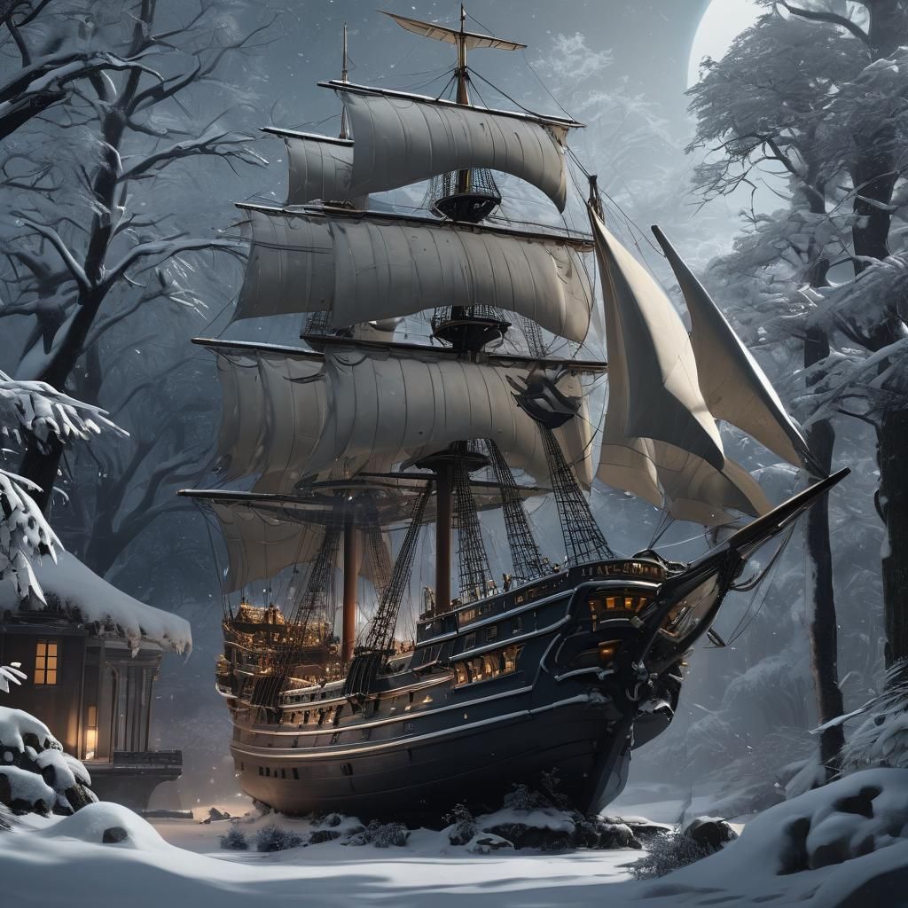 Majestic Ship in Snow Globe Digital Painting