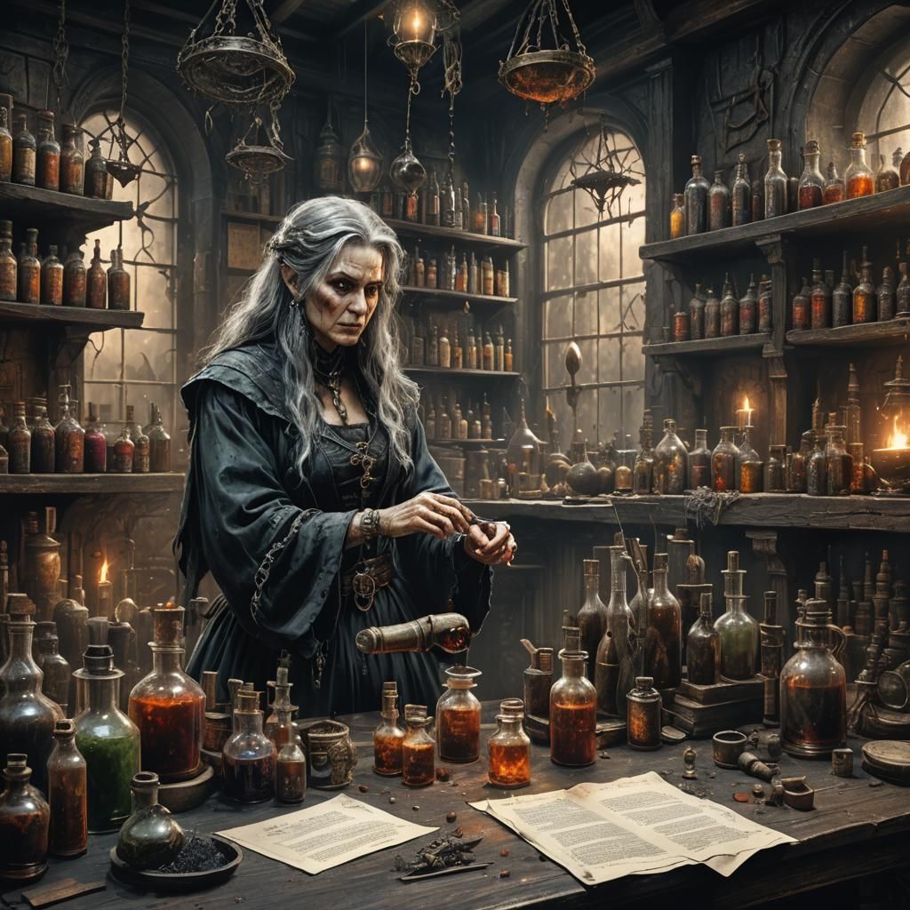 Witch's Backroom Potion Illustration in Oil and Ink