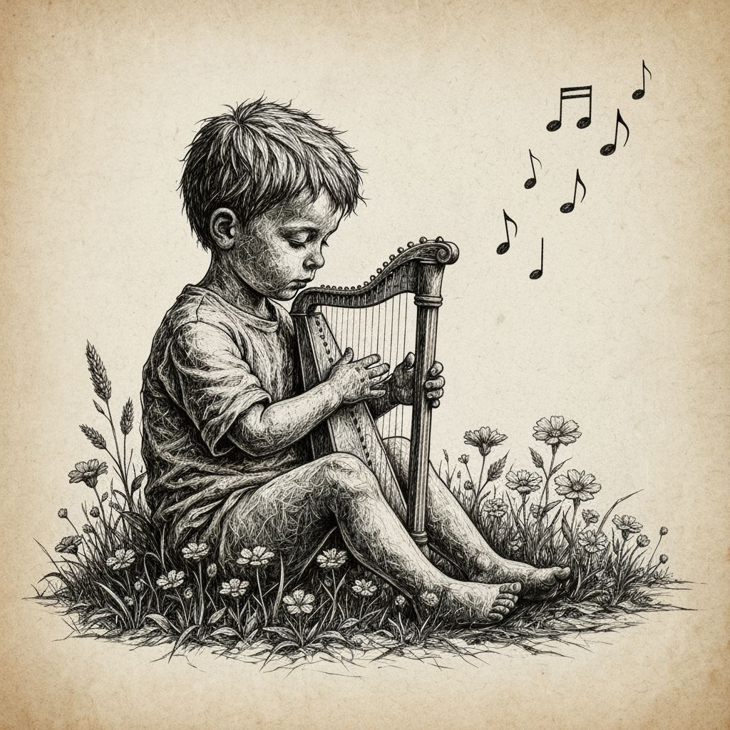 Boy Playing Harp: Detailed Pencil Sketch