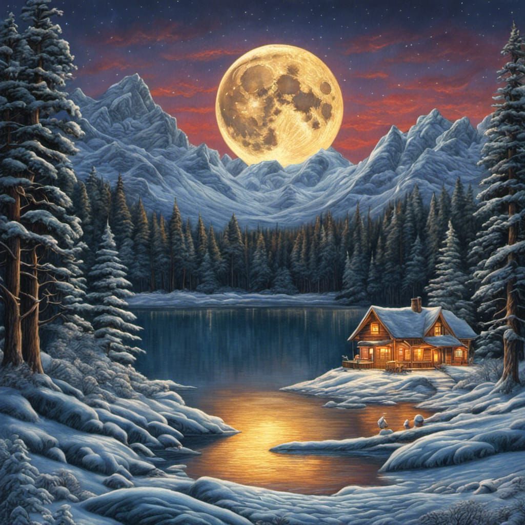 Winter Lake Scene with Snowmen in Colored Pencil Style