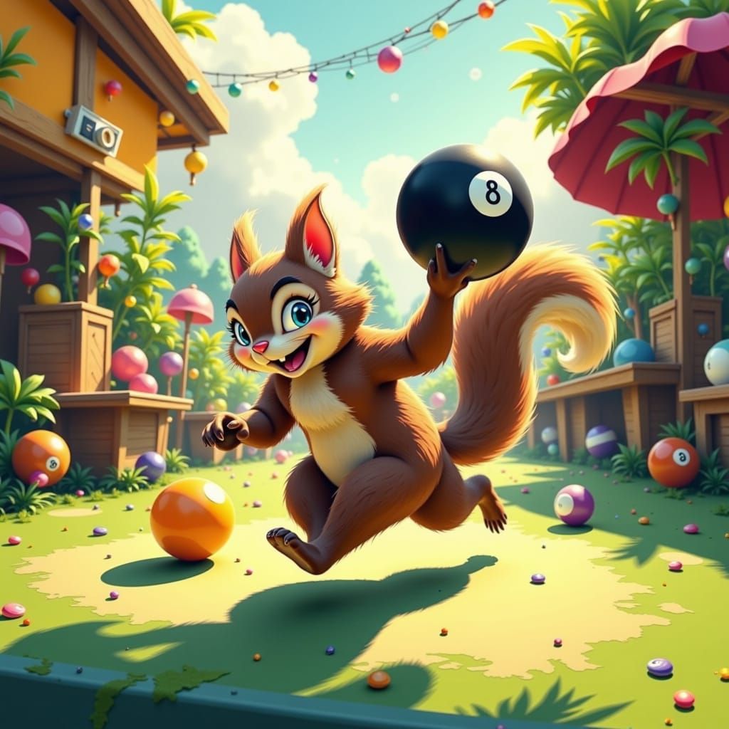 Mischievous Squirrel Steals 8-Ball in Cartoon Style