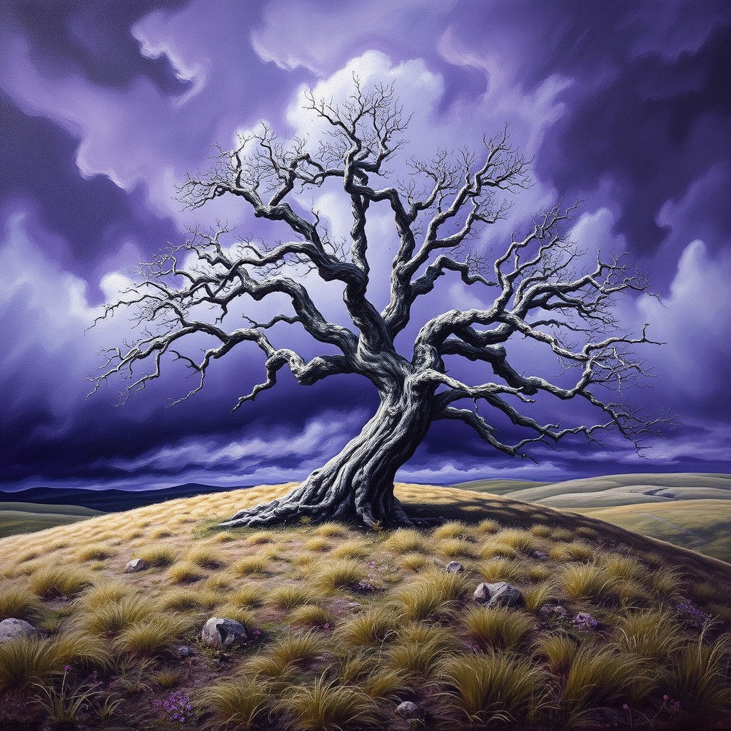 A lone tree on a windswept hilltop A solitary oak, gnarled and twisted by the relentless gales, perches atop a windswept...