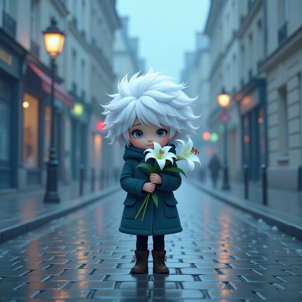 Child on Misty Parisian Street, Vintage Illustration