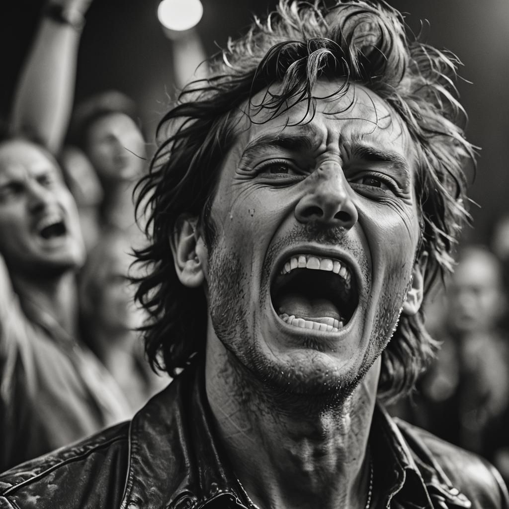 Rock Singer Screaming into Microphone, Close-Up Portrait