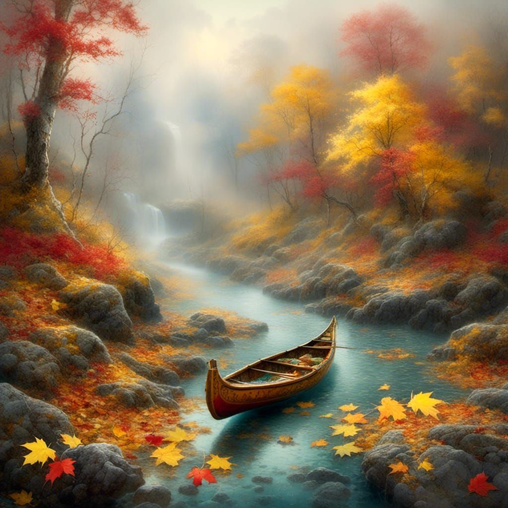 Maple Leaves Float Down River in Fantasy Style