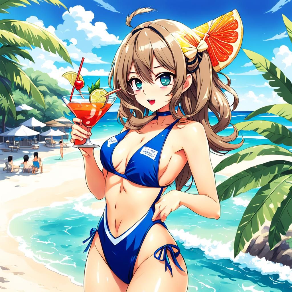 Woman in Okinawa with Cocktail, Anime Style