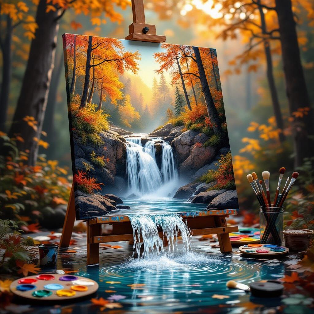 Surreal Autumn Waterfall Pours From Canvas