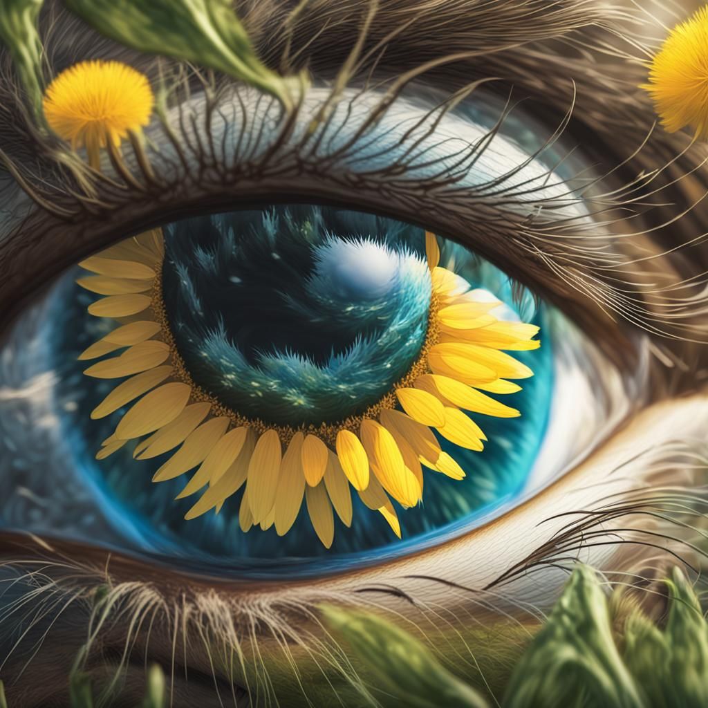 Cow's Eye Reflecting Dandelion Field in 8K