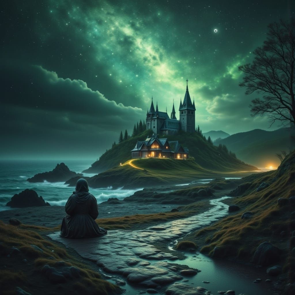 Haunted Village Storm at Nightfall, Sinister Digital Art