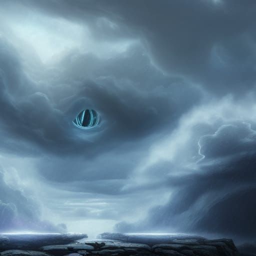 Eye Floating in Storm Clouds: Detailed Matte Painting