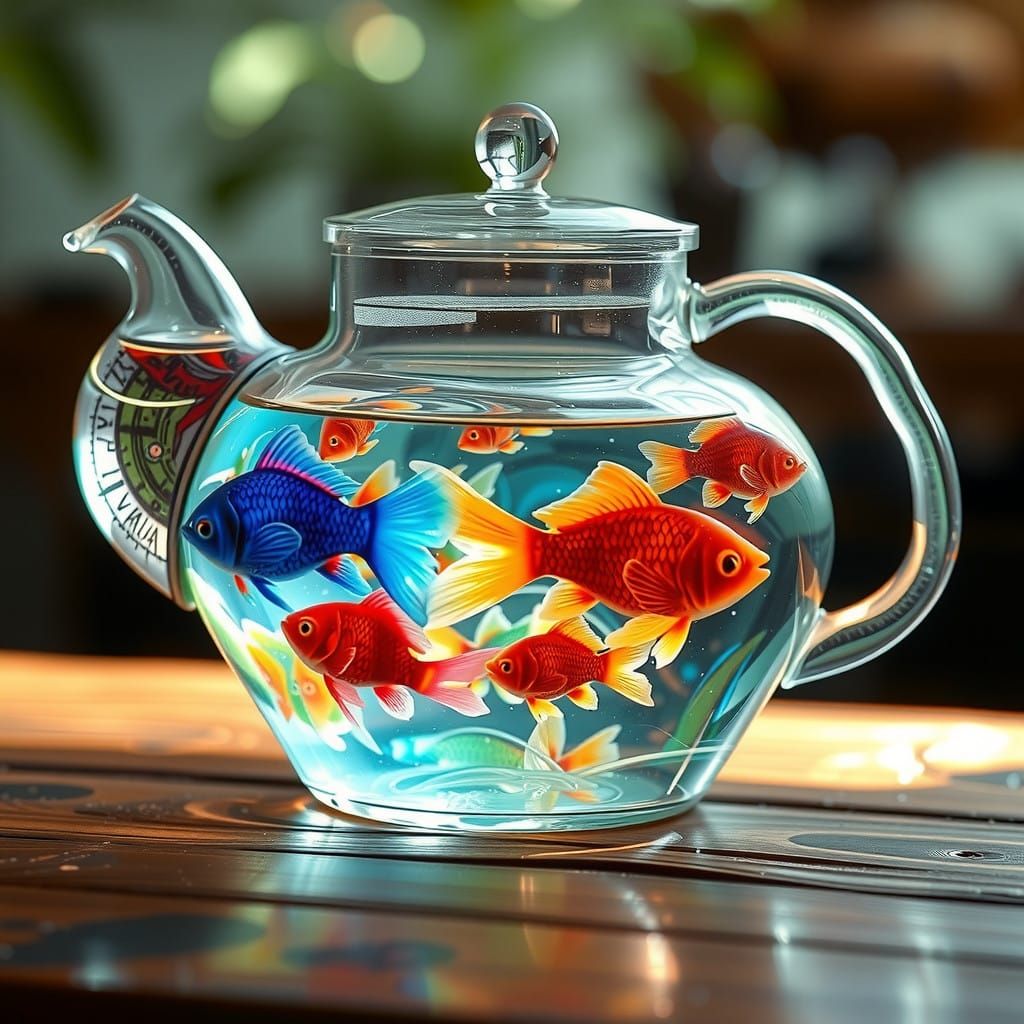 Surreal Glass Teapot Overflows with Iridescent Fish