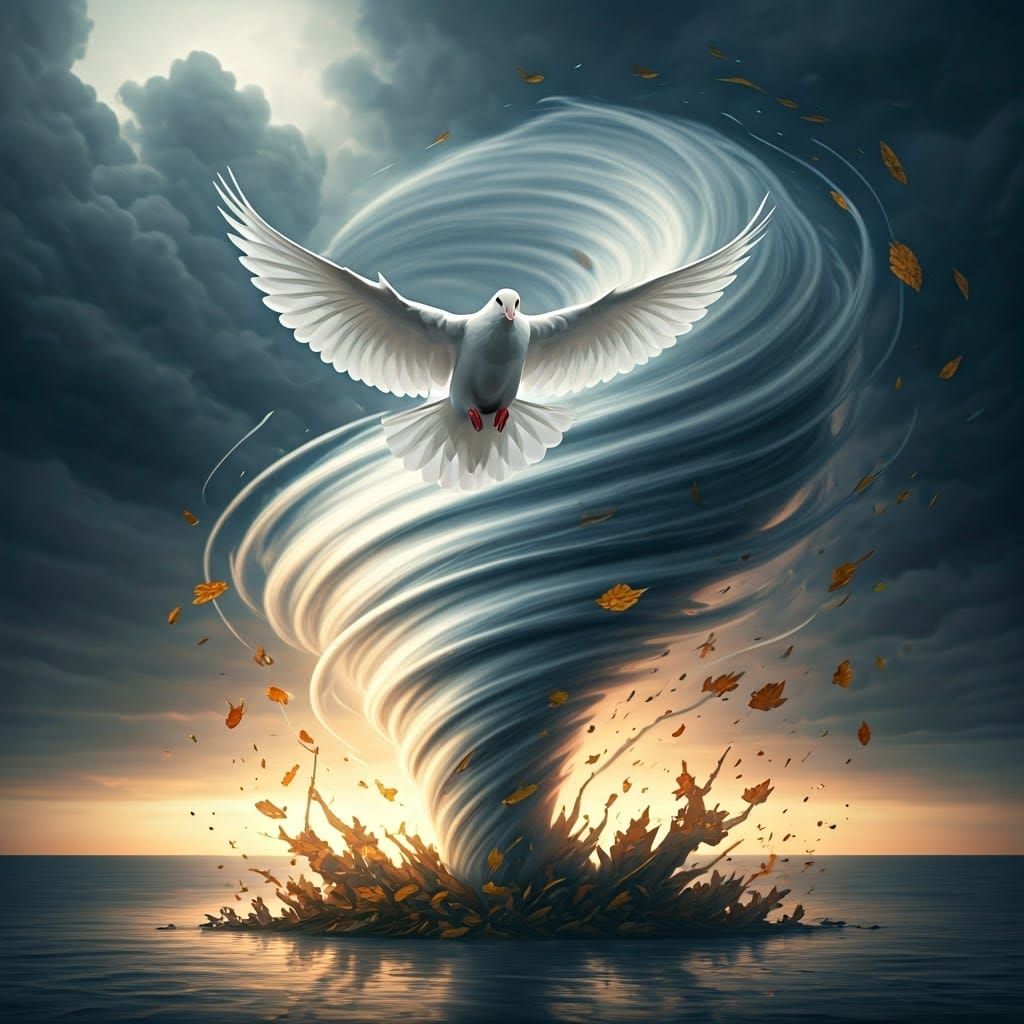 A whirlwind centred on a flying dove