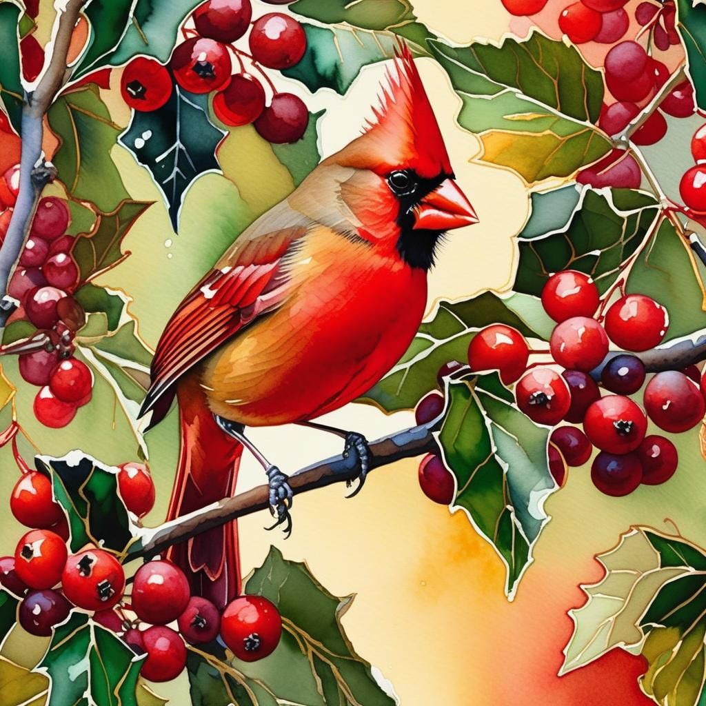 Cardinal in a holly tree