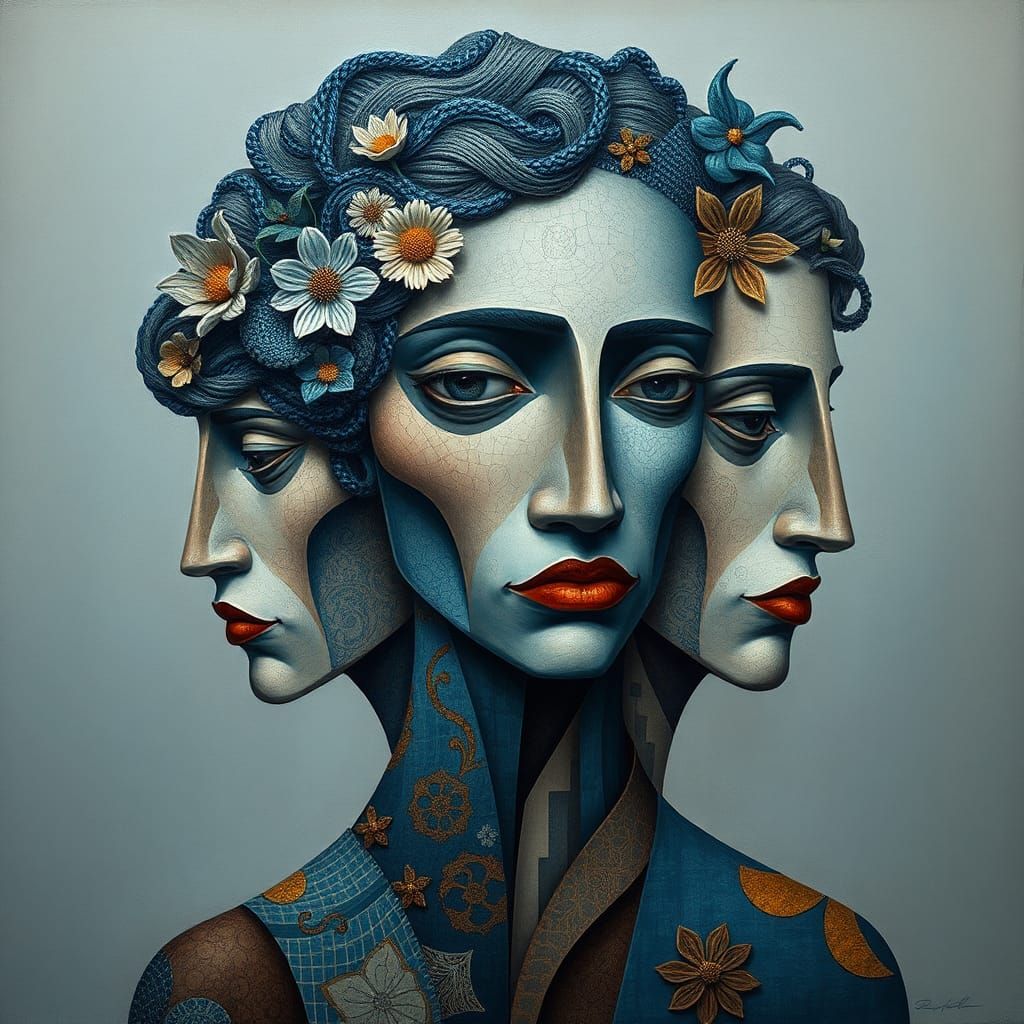 Surreal Cubist Portrait Blending Geometric and Organic Forms