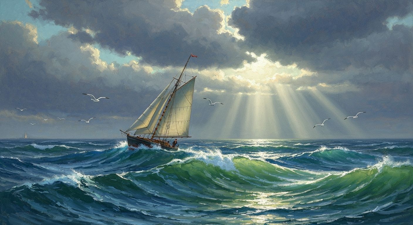 Majestic Sailboat on Dynamic Waves in Dramatic Oil Paint Sty...