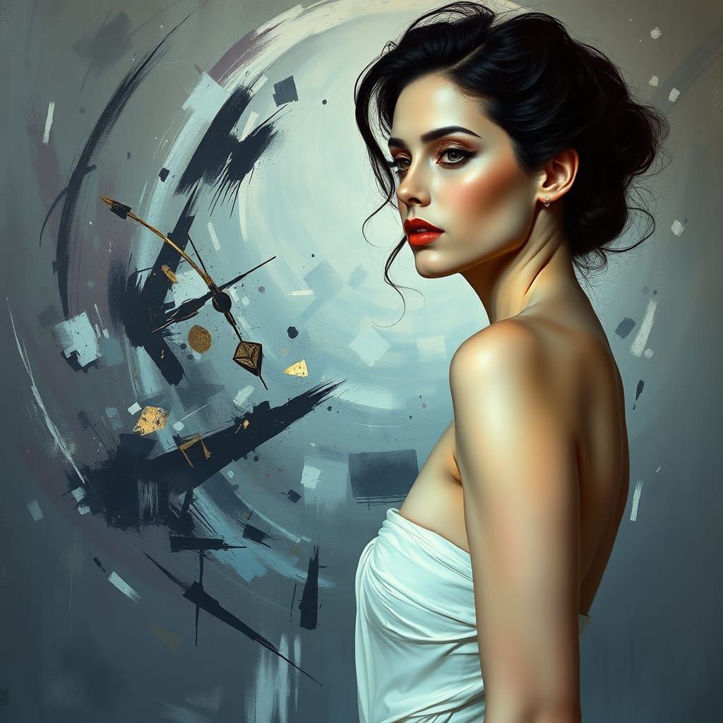 Serene Woman Amidst Abstract Chaos in Golden Light