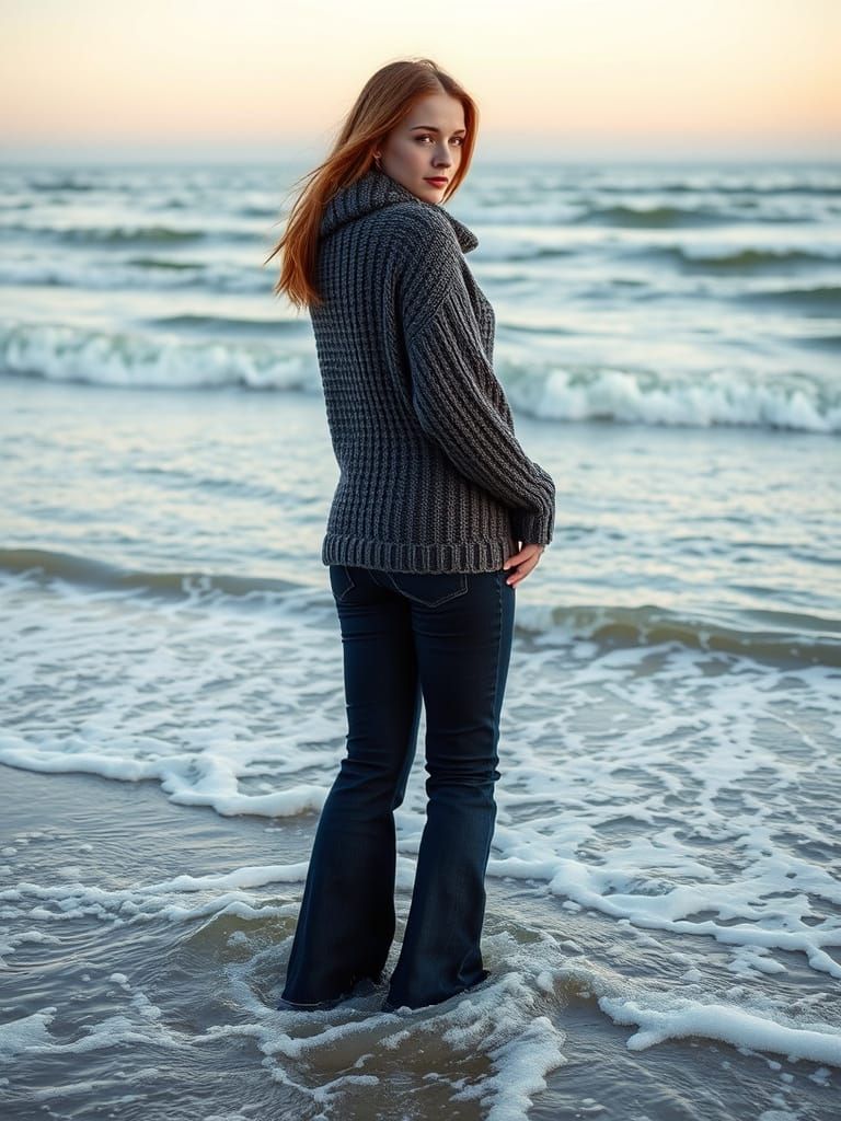 A Scandinavian Woman Stands on the Beach, Lost in Thought