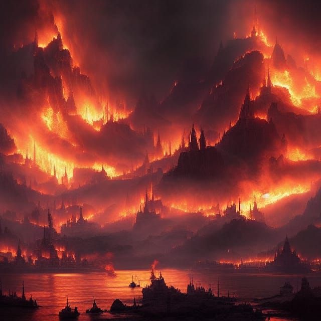 Dramatic Fire Landscape in Digital Matte Painting Style