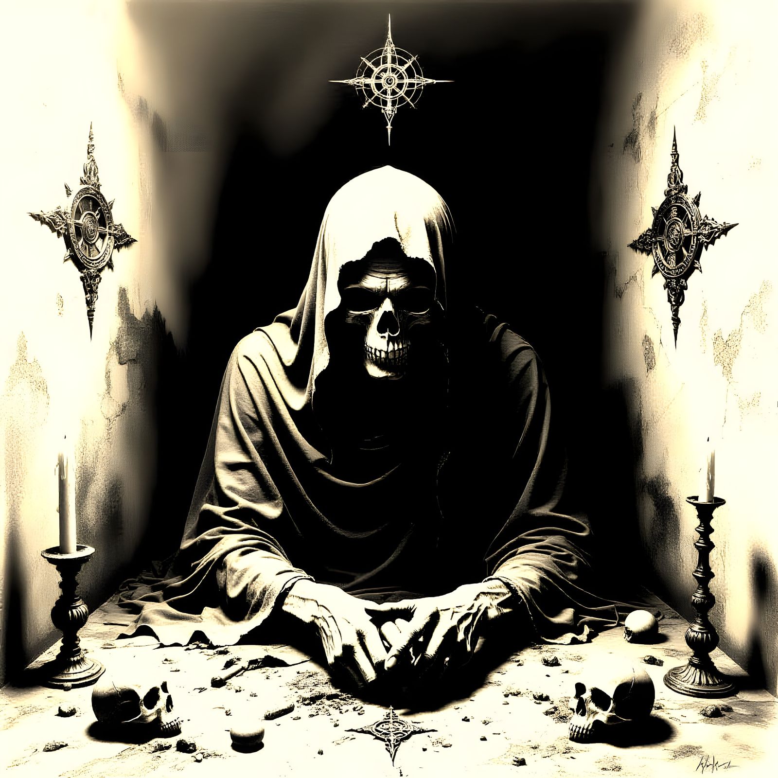 Esoteric Charcoal Drawing of Post-Mortem Sorcery