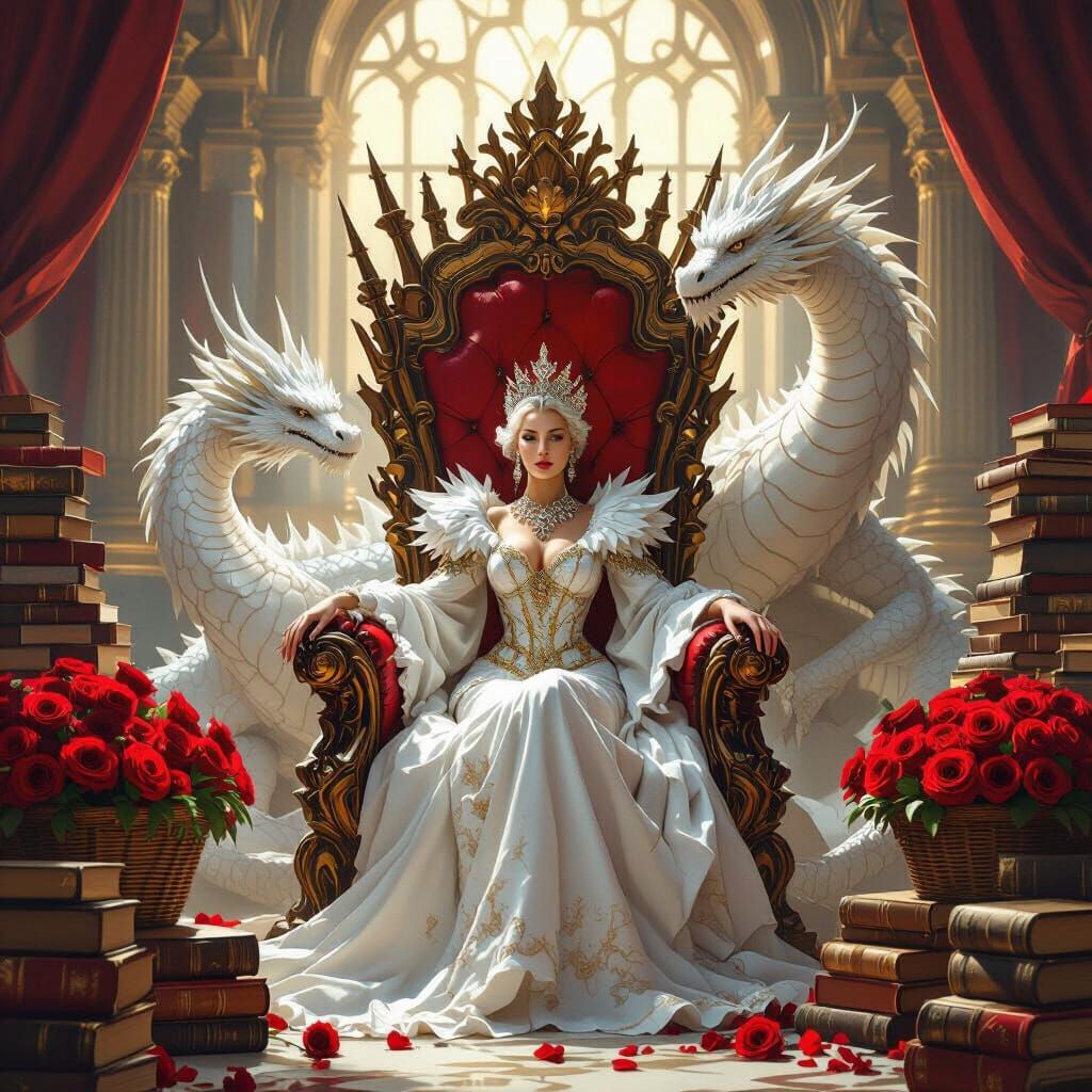 Empress Goddess on Throne Guarded by White Dragon