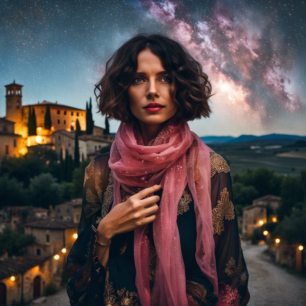 Bohemian Woman in Tuscany Under Starry Sky