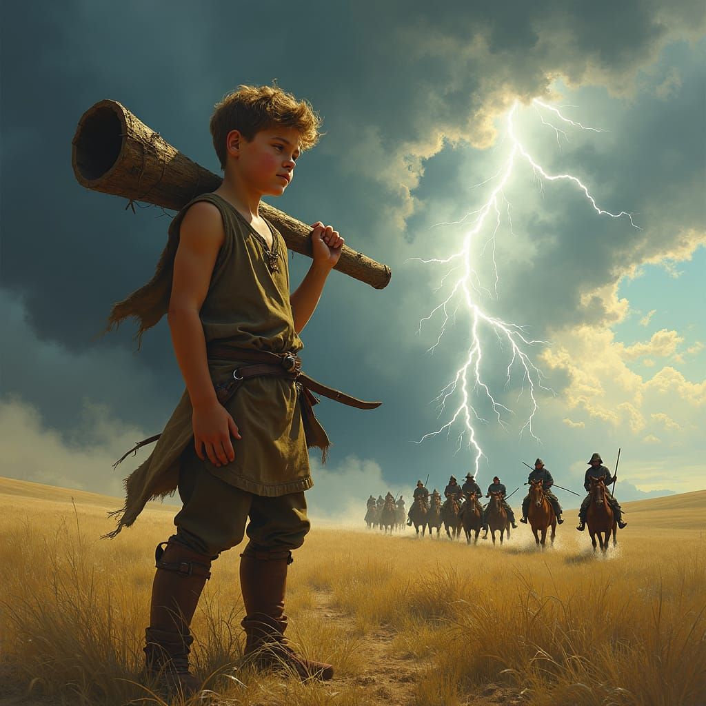Peasant Boy in Storm with Approaching Horsemen