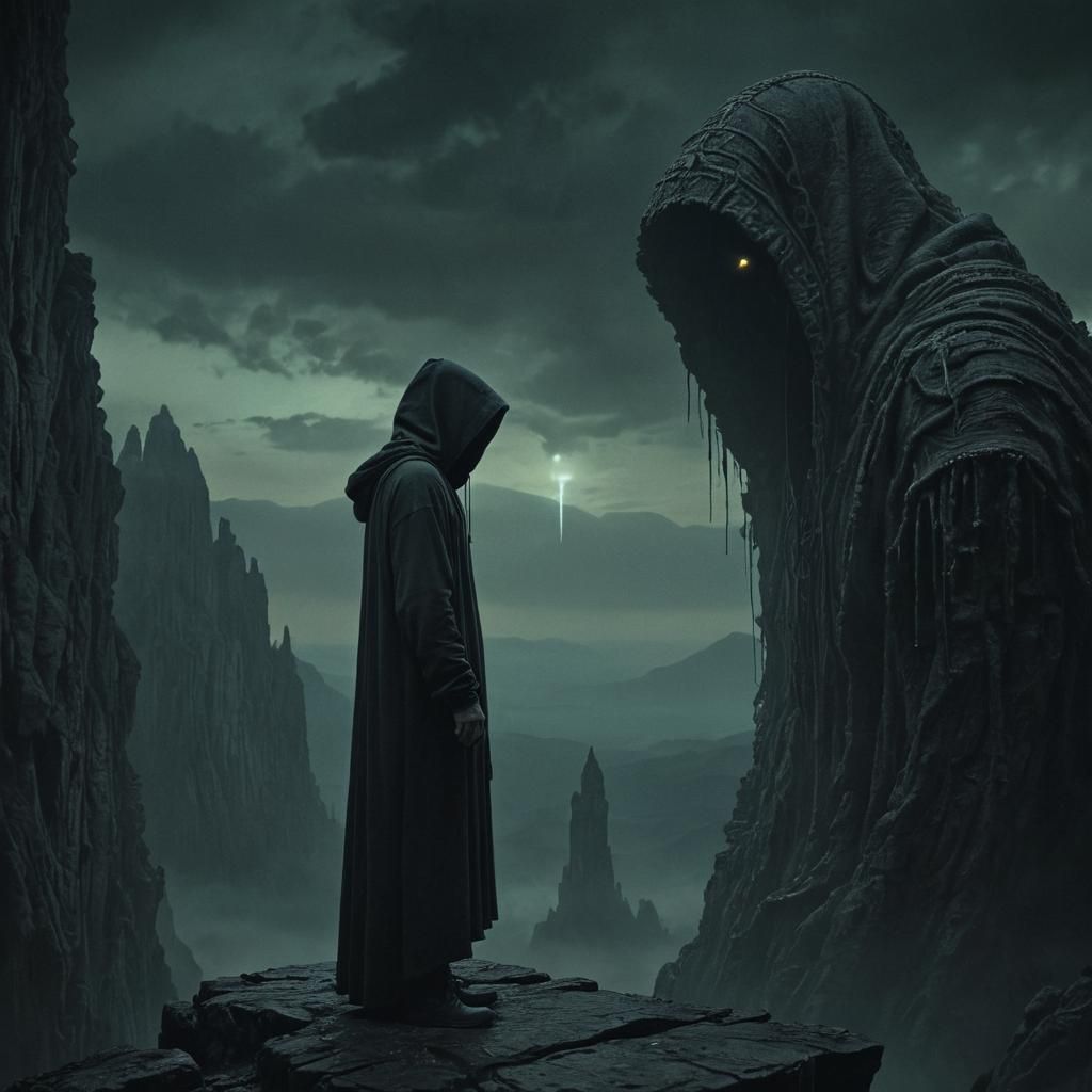 Ethereal Surrealism: Hooded Figure and Glowing Artifact