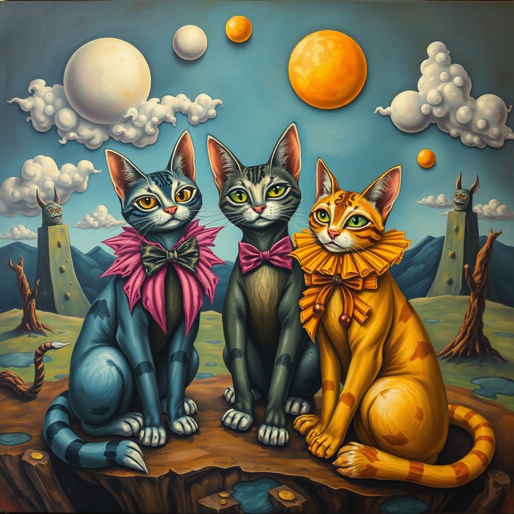 Anthropomorphic Cats Expressing Emotions in Surrealist Style