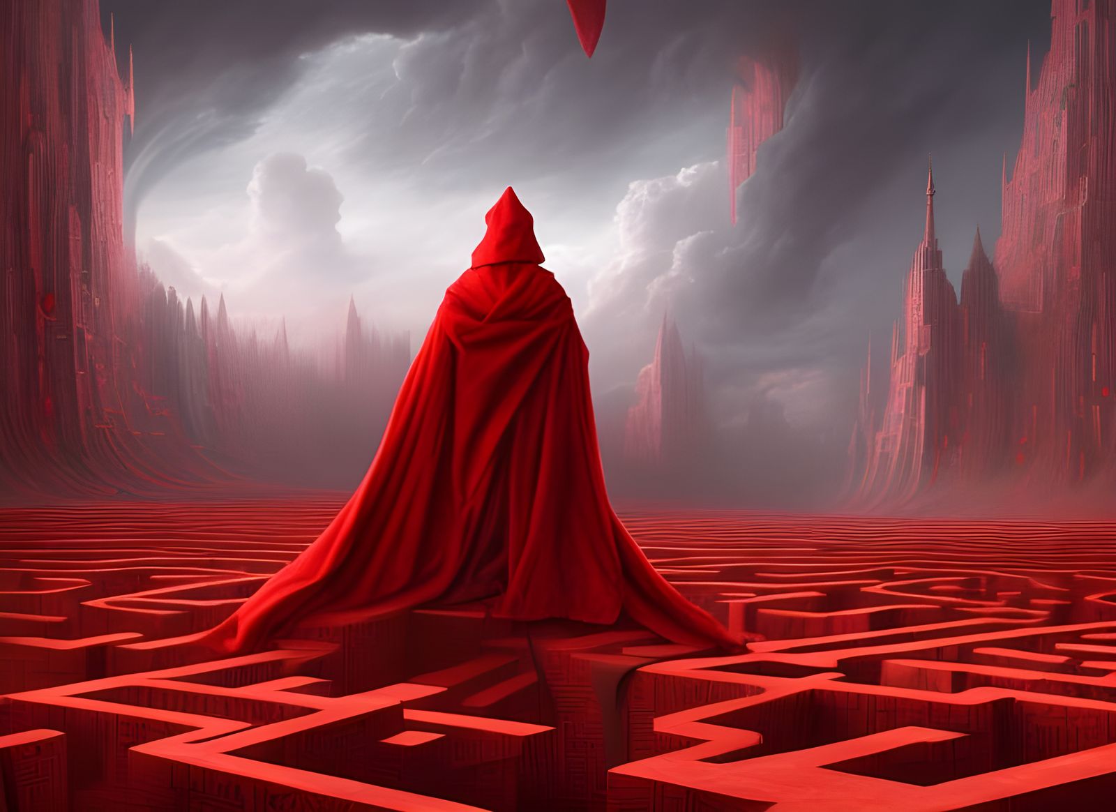 Red Cloak in Geometric Maze: Surreal Digital Art