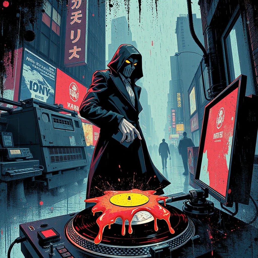 : A melting vinyl record of a supervillain's theme song, war...