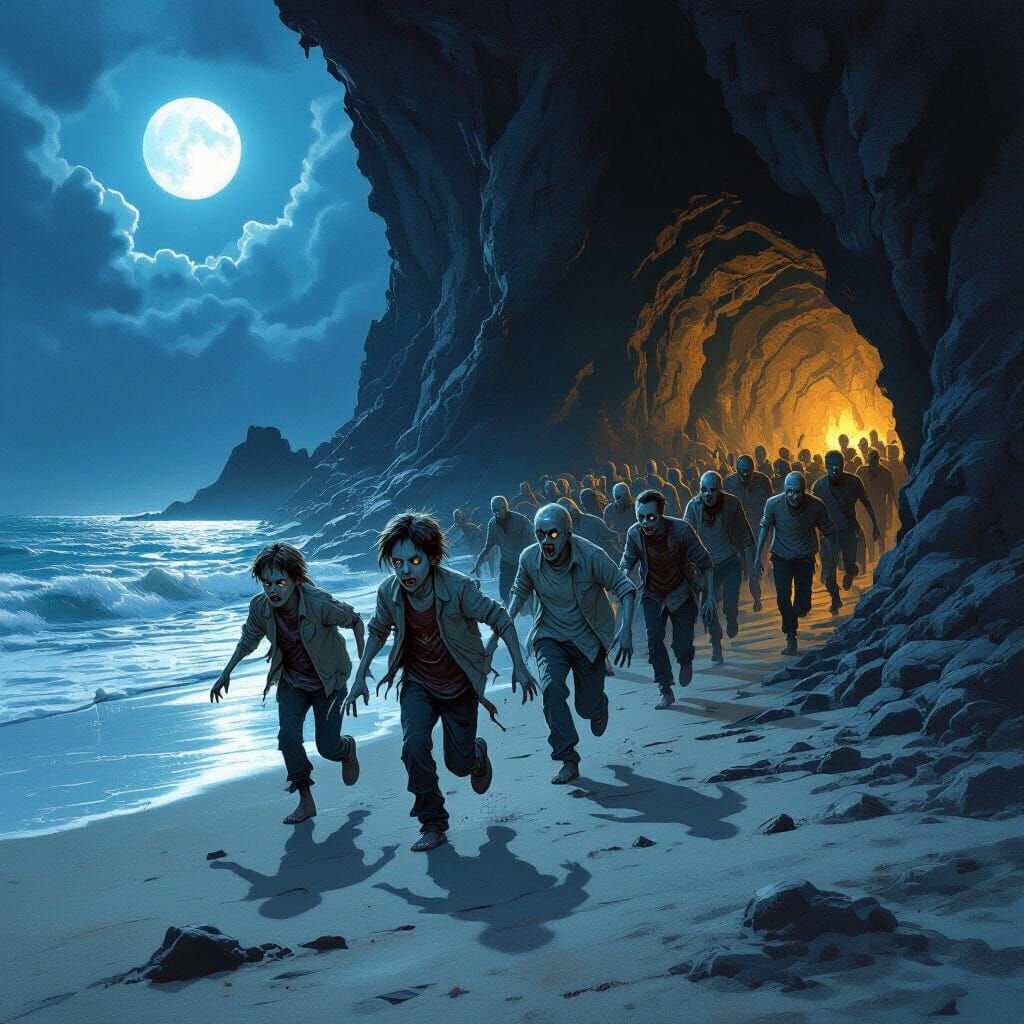 Zombies Emerge from Cave onto Moonlit Beach