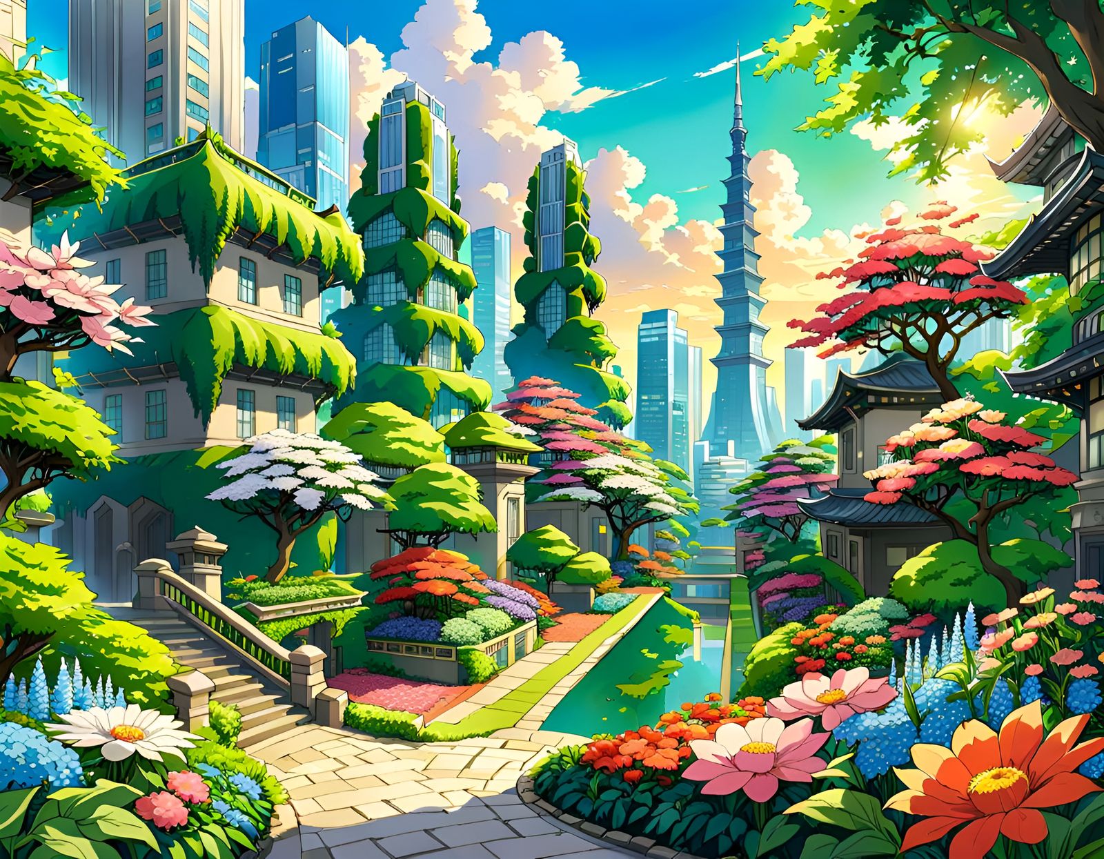 Utopian Cityscape in Anime Style