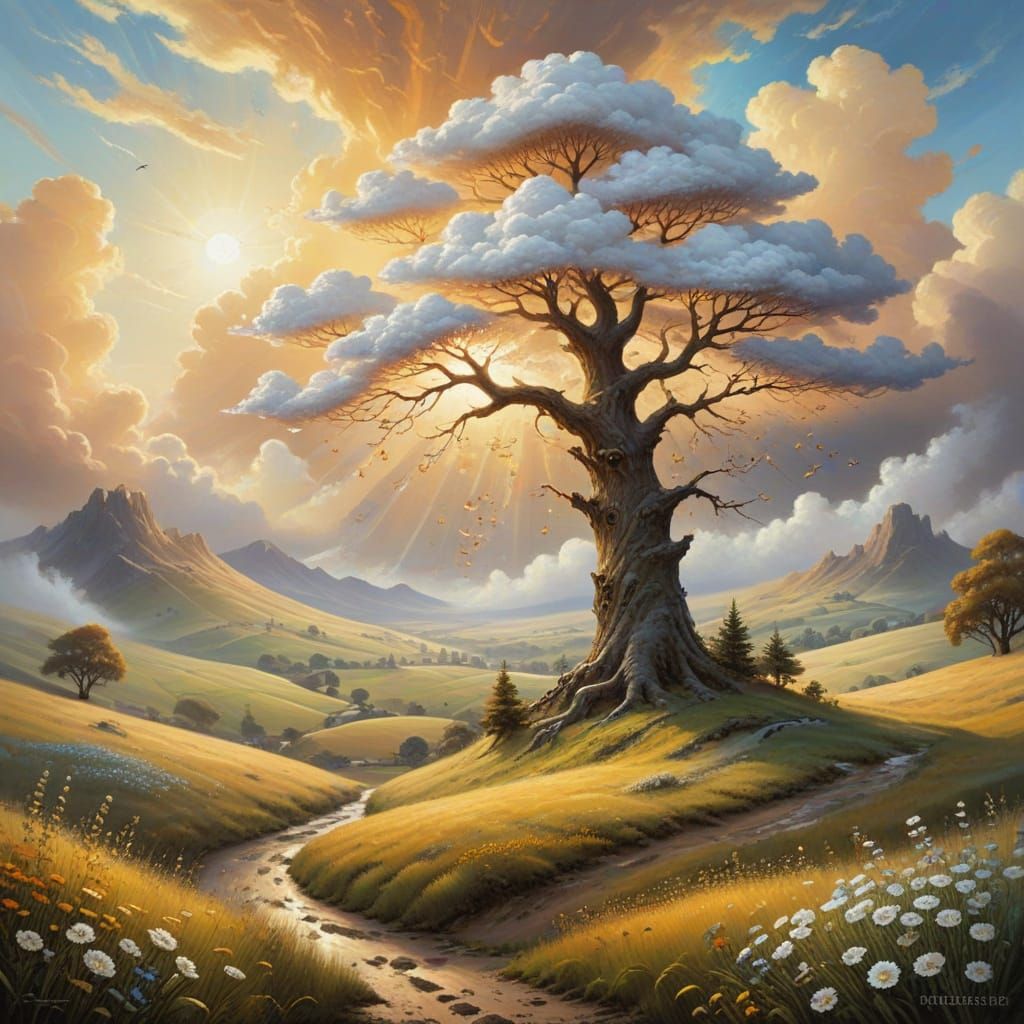 Whimsical Cloud Creatures Gaze Down on Idyllic Fairytale Lan...